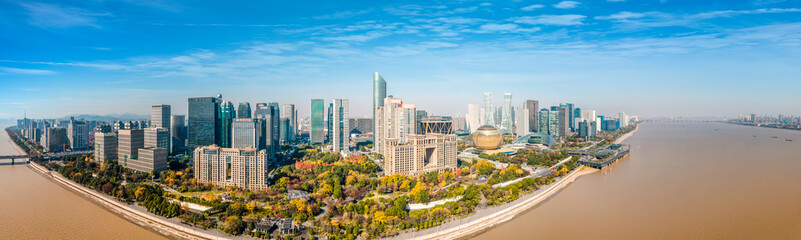 Aerial photography of Hangzhou city modern architecture landscape skyline