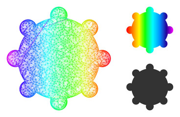 Spectral colored wire frame gear, and solid rainbow gradient gear icon. Wire carcass flat net abstract image based on gear icon, is created from crossed lines.