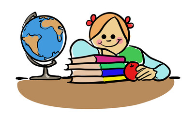 Cute girl reading book and sitting near a stack of books. Pretty little schoolgirl. stock illustration