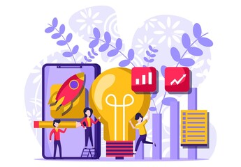 The vector business illustration tiny people character develop creative business ideas. Big light bulb isometric as a metaphysical idea. Vector illustration