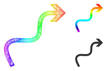 Spectrum colored net mesh curve arrow, and solid spectrum gradient curve arrow icon. Wire carcass 2D net geometric symbol based on curve arrow icon, is generated with crossed lines.