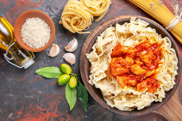 top view chicken with dough pasta dish on dark background pasta dish dough