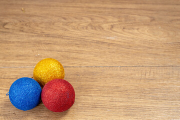 Christmas postcard frame on wooden background on Coloud balls. For greeting card