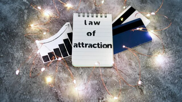 law of attraction notepad with text next to credit cards and positive stats surrounded by fairy lights
