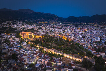 Aerial drone photo of night city Patras, Achaia, Peloponnese, Greece