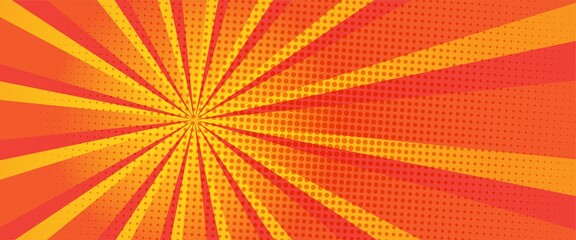 Horizontal pop art red and yellow comic background with halftone dots