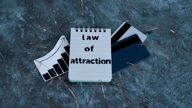 law of attraction notepad with text next to credit cards and positive stats surrounded by fairy lights