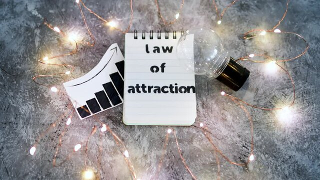 law of attraction notepad with text next to light bulb and positive stats surrounded by fairy lights