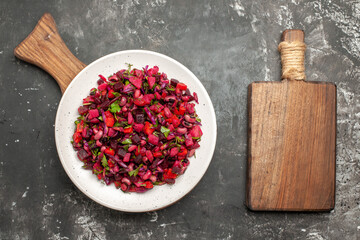 top view tasty vinaigrette salad with beans and beets on grey desk health meal photo
