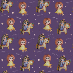 Cute kids collection. Seamless pattern. A little girl-princess on a unicorn horse and a girl with a toy hare in her hands on a purple background with hearts and words - little Star. Watercolor