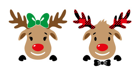 Cute red-nosed reindeer with bow. Cartoon deer face. Vector illustration