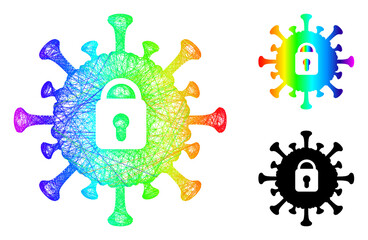 Rainbow vibrant network covid lockdown, and solid rainbow gradient covid lockdown icon. Hatched frame 2D network abstract image based on covid lockdown icon, is made from crossing lines.