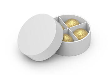 Round chocolate box mockup template on isolated white background, round box of four chocolates, 3d illustration