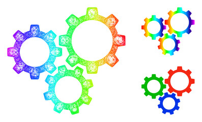 Spectral colorful net mesh gear box, and solid spectral gradient gear box icon. Hatched carcass 2D net abstract symbol based on gear box icon, is created with crossing lines.