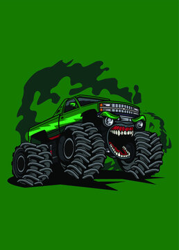 Vector illustration green monster truck, high quality colored design with fun concept, made from original sketch and digitalize using corel draw, photoshop, adobe illustrator. Available in CDR. Ai. EP