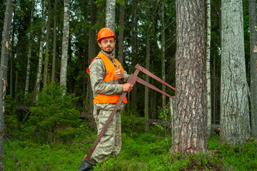 Forester with a measuring tool in his hands makes forest inventory. Real people work in the forest.