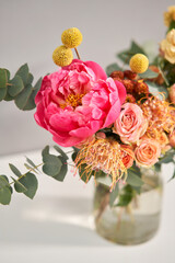 Bouquet 011. Finished flower arrangement in a vase for home. Flowers bunch, set for interior. Fresh cut flowers for decoration home. European floral shop. Delivery fresh cut flower.