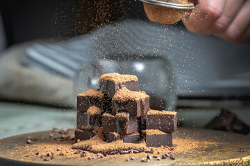 Hand is sprinkling cocoa powder on delicious appetizing cubes of bitter dark chocolate