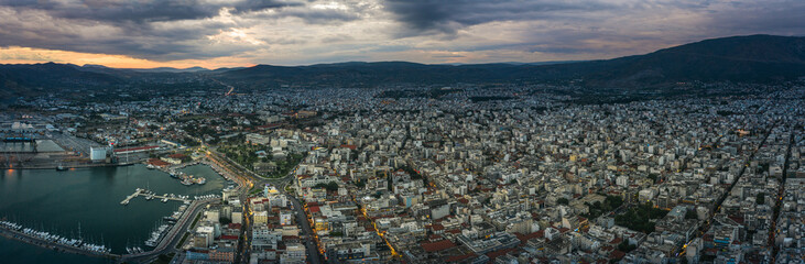 Fototapeta na wymiar Wide panoramaof Volos city at twilight. Magnesia - Greece.