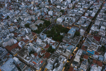 Aerial panoramic view of Volos city at twilight. Magnesia - Greece.