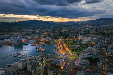 Aerial panoramic view of Volos city at twilight. Magnesia - Greece.