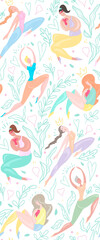 Seamless pattern of happy various sports girl jumping, exercises on plants and hearts background. Body positivity, confidence and self acceptance. Feminism and eco lifystile. Delicate vector texture