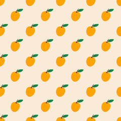 Cute little apricots with leaves vector seamless pattern background.
