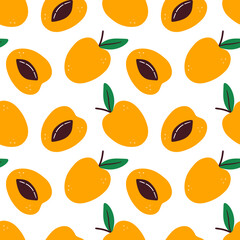 Fresh apricot fruits whole and cut in half vector seamless pattern background.