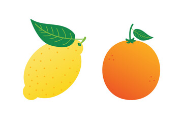 Lemon and orange with leaves. Vector cartoon style citrus fruits illustrations, icons. 