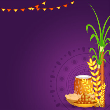 Illustration Of Dhol Instrument With Sugarcane, Wheat Ear, Sweet Bowls And Bunting Flag On Purple Background.