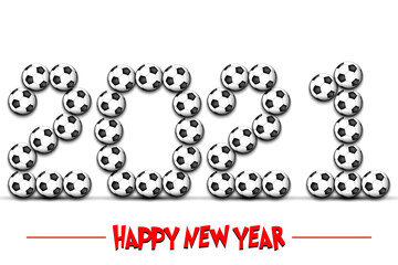 Happy New Year. 2021 numbers made from soccer balls. Design pattern for greeting card, banner, poster, flyer, party invitation, calendar. Vector illustration