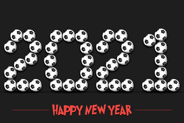 Happy New Year. 2021 numbers made from soccer balls. Design pattern for greeting card, banner, poster, flyer, party invitation, calendar. Vector illustration