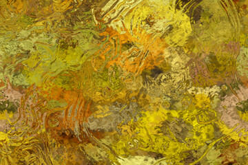 Yellow green brown glass textured background. View from the front. A place for text.