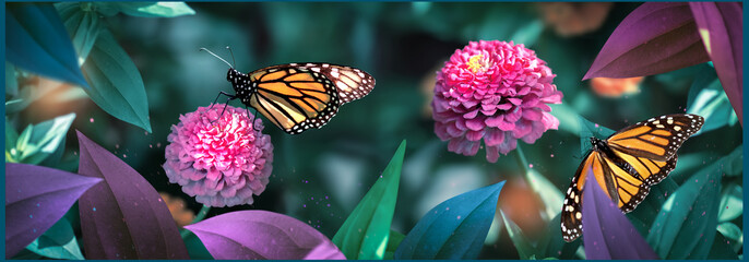 Lovely monarch butterflies on pink flowers in a fairy garden. Summer spring background. Banner...