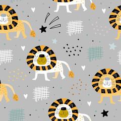 Hand drawn seamless pattern. Funny cute scandinavian lion cartoon style.Printable templates. vector print. Perfect for kids apparel, poster, baby shower card. Vector illustration