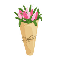 Bouquet of pink tulips in wrapping paper. Modern design for Holidays invitation card, poster, banner, greeting card, postcard, packaging, print. Vector illustration.