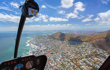 Cape Town, Western Cape / South Africa - 11/26/2020: Aerial photo of Seapoint and Lions Head from a pilots perspective