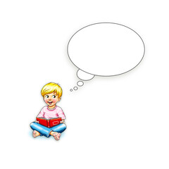 Junge Kind sitzt barfuß im Schneidersitz am Boden Buch in Hand und liest denkt nach Denkblase Vorlage Template lernen Bildung reden sprechen erzählen vorlesen Geschichte Schüler nachdenklich lachen