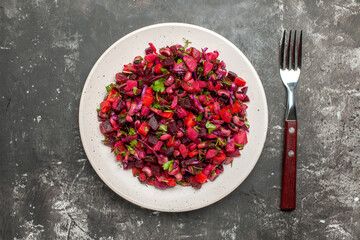 top view tasty vinaigrette salad with beans and beets on grey floor health food photo