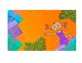 Naklejka premium Cute happy little girl with gifts. Emotion kids. Decorative vector illustration with orange background with space for text.