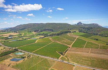 Cape Town, Western Cape / South Africa - 11/26/2020: Aerial photo of farming fields with Paarl Rock in the background