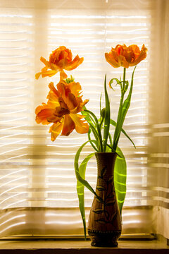 a bouquet of yellow orange tulips in a vase on the windowsill against the background of a window with a white curtain