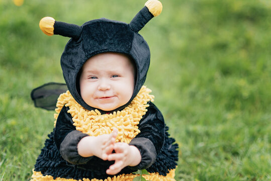 cute and cheerful portrait of little child sitting in blooming flowers of dandelion in yellow bee costume. concept nature and imagination. baby girl dressed as a bee. honey allergy. summer mood