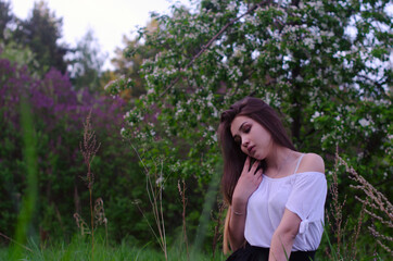 Obraz premium girl, model, woman, portrait, holiday, outfit, suit, skirt, hat, blouse, jacket, shorts, cowboy, hair, portrait, face, hands, makeup, pose, legs, street, vegetation, forest, park, trees, summer, flowe