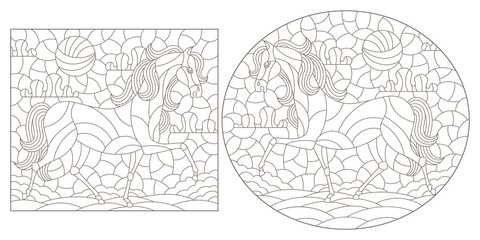 Set of contour illustrations in the stained glass style with horses on a landscape background, dark contours on a white background - obrazy, fototapety, plakaty