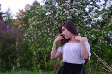 girl, model, woman, portrait, holiday, outfit, suit, skirt, hat, blouse, jacket, shorts, cowboy, hair, portrait, face, hands, makeup, pose, legs, street, vegetation, forest, park, trees, summer, flowe