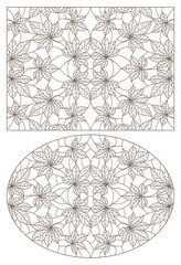 Set of contour illustrations in stained glass style with chestnut leaves, dark outlines on a white background