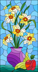 Illustration in stained glass style with floral still life, vase with a bouquet of daffodils and fruit on a blue background
