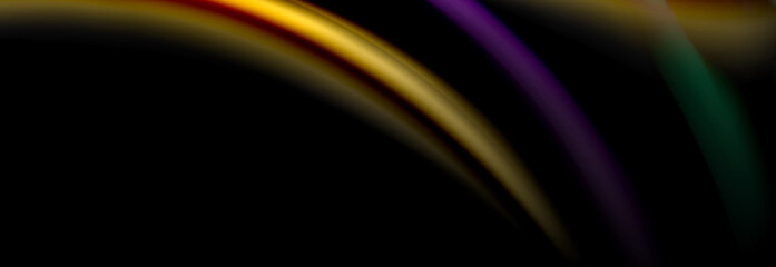Dynamic motion abstract background. Color blurred stripes on black. Wave liquid lines poster. Vector illustration