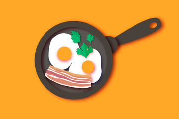 Bacon, eggs and cooking pan with handle. Omelet papercut style. Farm products. Fast food. Natural product. Food ingredients. Slices of crisp bacon. Ham. Orange.